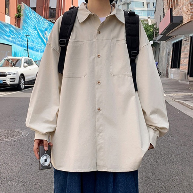 남녀공용 루즈핏 베이직 포켓 카라 긴팔 셔츠 MS1170
