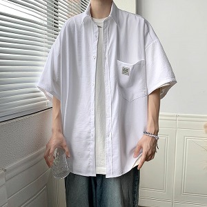 남녀공용 루즈핏 원포켓 라벨 베이직 카라 반팔 셔츠 MS994
