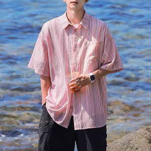 핑크 배색 스트라이프 내추럴 카라 반팔 셔츠 MS1448