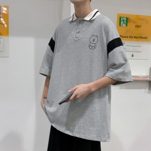 오버핏 배색 카라 라인 테디 반팔 티셔츠 MH1501