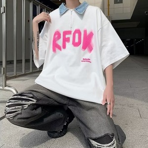 RFOK 포인트 레터링 데님 카라 반집업 반팔 티셔츠 MH2062
