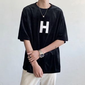 H 심플 레터링 루즈핏 벨벳 반팔 티셔츠 MH2026