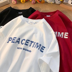 PEACETIME 레터링 루즈핏 라운드 반팔 티셔츠 MH2986