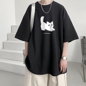 오버핏 고양이 캐릭터 프린팅 티셔츠 MH2651